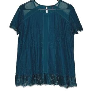 Express Lacey Green Top, Short Sleeve, Mesh Blouse